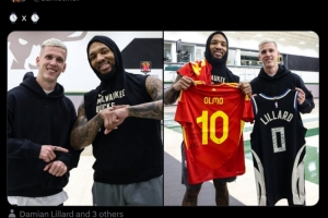 奧爾莫曬照：造訪雄鹿隊(duì)，和利拉德互換球衣&模仿慶祝動(dòng)作?