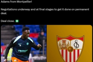 羅馬諾：塞維利亞接近簽下蒙彼利埃前鋒亞當斯，談判已取得進展