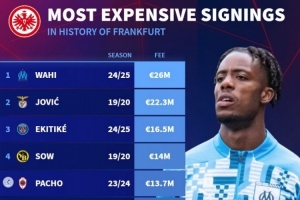 德轉(zhuǎn)列法蘭克福引援榜：瓦希2600萬歐居首，約維奇、阿萊在列