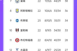英超積分榜：紅軍少賽一場6分領(lǐng)跑，槍手第2，紐卡第4，櫻桃第6