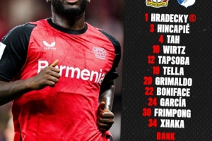 勒沃庫森vs霍芬海姆首發(fā)：維爾茨、扎卡先發(fā) 博尼法斯出戰(zhàn)