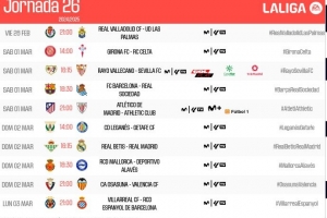 西甲第26輪開球時(shí)間：3月2日1：30巴薩vs皇社，23:15貝蒂斯vs皇馬