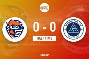 半場-青島海牛0-0深圳新鵬城 黃皓雋頭槌中框