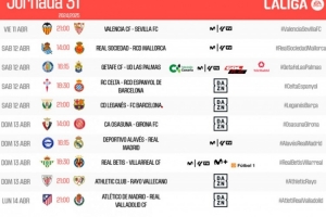 西甲31輪時(shí)間：4月13日3點(diǎn)萊加內(nèi)斯vs巴薩，22：15阿拉維斯vs皇馬