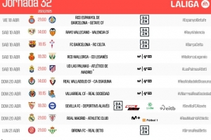 西甲第32輪時(shí)間：4月19日22:15巴薩塞爾塔 21日3:00皇馬vs畢巴