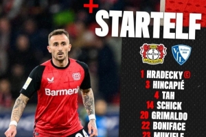 勒沃庫森vs波鴻首發(fā)：?？?、扎卡先發(fā) 博尼法斯、弗林蓬出戰(zhàn)