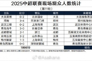 中超第11輪觀眾統(tǒng)計(jì)：大連61185居首，場(chǎng)均23327人