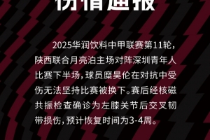 陜西聯(lián)合官方：糜昊倫左膝關(guān)節(jié)后交叉韌帶損傷，預(yù)計(jì)傷缺3-4周