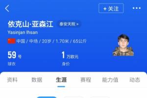 20歲山東泰山中場依克山將加盟中國香港超級聯(lián)賽球隊東方