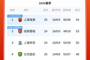 中超積分榜：海港先賽1分領(lǐng)跑！國安3連敗已落后榜首6分