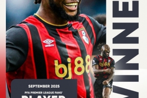 “櫻桃”大殺器！PFA官方：3場兩球1助，塞梅尼奧當(dāng)選9月最佳球員