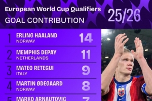 本屆歐洲世預賽參與進球榜：哈蘭德14球居首，德佩11球次席