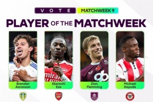 英超官方評第9輪最佳球員候選：埃澤、姆伯莫領(lǐng)銜，范德芬在列