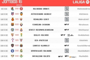 西甲第16輪時(shí)間：巴薩12月14日01:30對(duì)陣奧薩蘇納，皇馬15日出戰(zhàn)