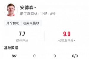 閃耀安菲爾德！安德森數(shù)據(jù)：3次關(guān)鍵傳球，長傳成功率57.1%