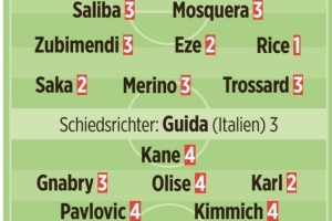 圖片報(bào)評分：諾伊爾、于帕、萊默爾5分最差 賴斯1分最佳、卡爾2分