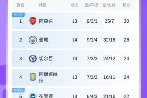 英超積分榜：曼城先賽距阿森納2分！熱刺暫居第11紐卡第13