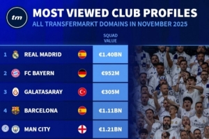 11月德轉(zhuǎn)俱樂(lè)部頁(yè)面瀏覽量排名：皇馬、拜仁、加拉塔薩雷前三