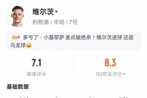 維爾茨本場數(shù)據(jù)：3關(guān)鍵傳球+造烏龍+1次錯失進球機會，評分7.1