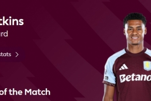 梅開二度助球隊逆轉(zhuǎn)，官方：沃特金斯當(dāng)選維拉4-3布萊頓最佳球員