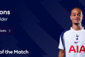 傳射建功，官方：哈維·西蒙斯當(dāng)選熱刺2-0布倫特福德全場最佳