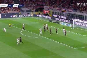 米蘭0-1落后！澤爾賓精準傳中，巴斯奇羅托頭球破門